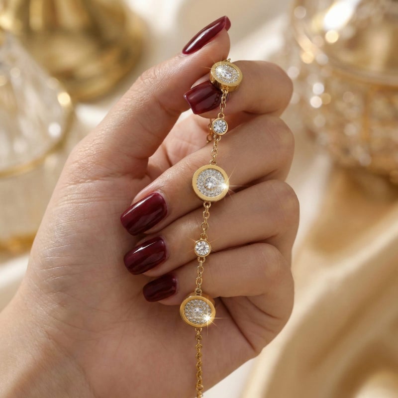 An elegant gold bracelet, made of rust-resistant stainless steel, with a design of circles and sparkling zircon stones that suit your wrist! Unparalleled elegance, with an adjustable clasp to fit you. - Image 4